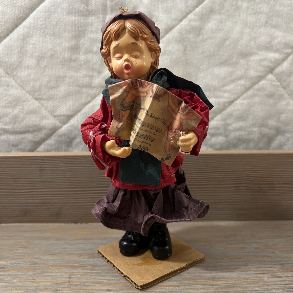 Vintage Paper Mache Crepe Paper Christmas Singing Caroler Girl Figurine‎ 7"